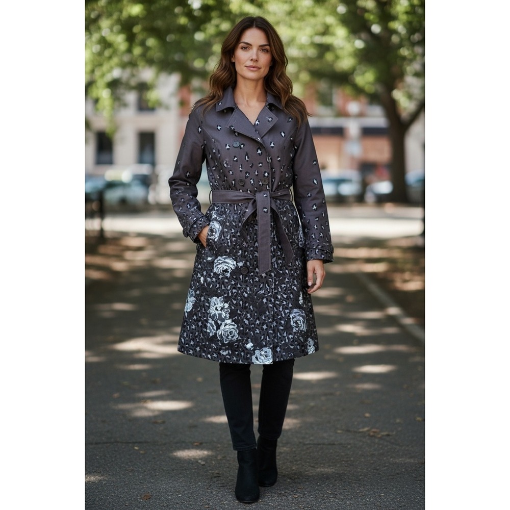 Isaac Mizrahi Live Trench Coat Women 12 Grey Floral Leopard Belted Double Breast